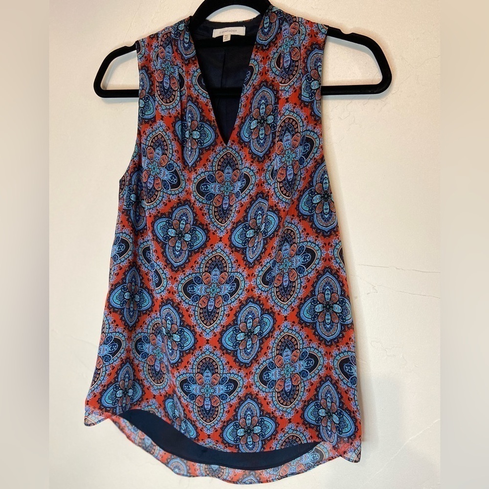 41 Hawthorn~Bright Boho V-Neck Top~Fully Lined~Pleated Back~Sleeveless~Size XS